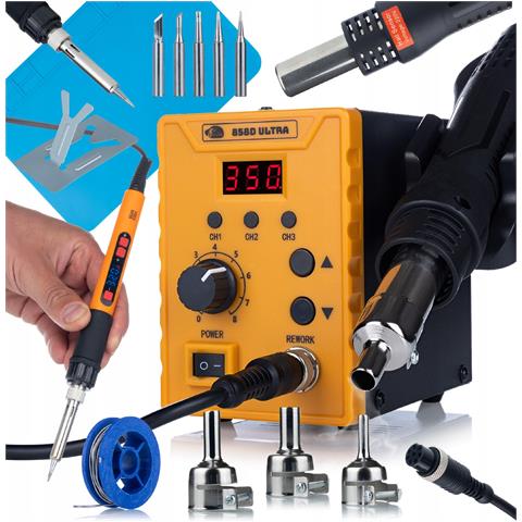 Stazione Saldante Hot Air 700w 858d Ultra - Regolazione Temperatura 100-500°c | 3 Memorie | Set Con Saldatore 80w E Tappetino 500°c - Foto 1