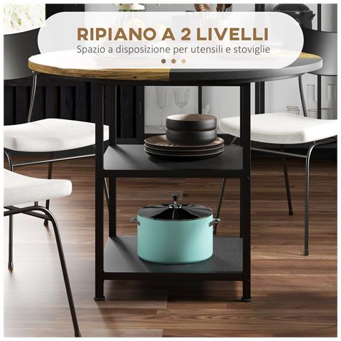Tavolo Da Pranzo Per 4-6 Persone Con 2 Ripiani Integrati, In Acciaio E Mdf, Ø100x76 Cm, Nero E Marrone - Foto 6