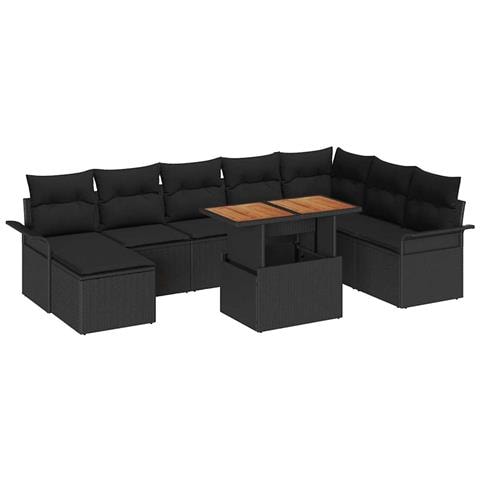 Set da Pranzo Giardino 9 Pezzi con Cuscini Nero Rattan Acacia - Foto 1