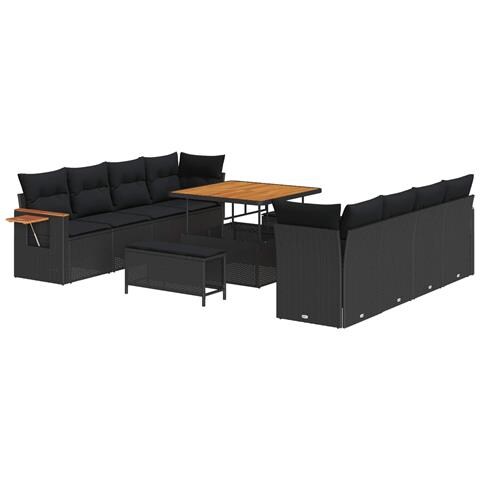 Set di Divani da Giardino 11 Pezzi con Cuscini Nero Polyrattan Acacia, Set da Pranzo da Giardino 3 Pezzi con Cuscini Nero Polyrattan Acacia - Foto 1
