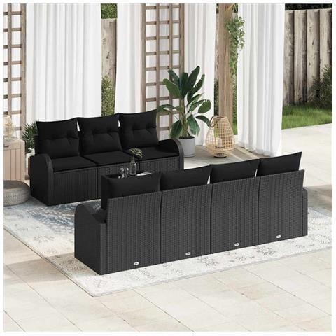 Set di Divano da Giardino  da 8 Pezzi con Cuscini in Polyrattan Nero, Divano da Giardino a 2 Posti  con Spazio di Stoccaggio e Cuscini in Polyrattan Nero - Foto 2