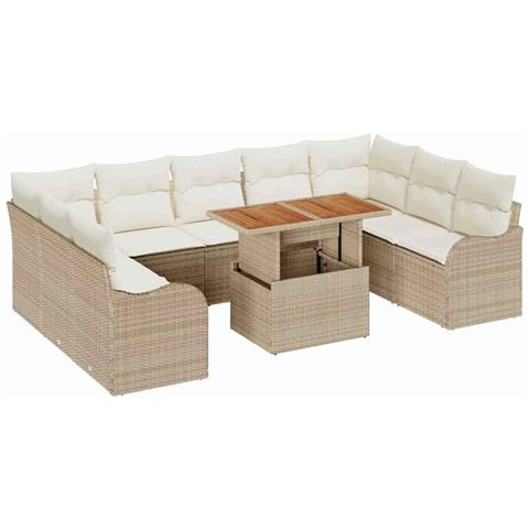 Set Divani Giardino 10 Pezzi con Cuscini Beige in Rattan Polietilene Acacia, Divano Giardino 2 Posti con Cuscini Beige in Rattan Polietilene - Foto 1