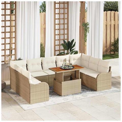 Set Divani Giardino 10 Pezzi con Cuscini Beige in Rattan Polietilene Acacia, Divano Giardino 2 Posti con Cuscini Beige in Rattan Polietilene - Foto 2