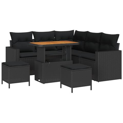 Set divano da giardino 8 pezzi con cuscini in rattan poligonale nero e acacia,  Set da pranzo da giardino 3 pezzi con cuscini in rattan poligonale nero e acacia - Foto 1