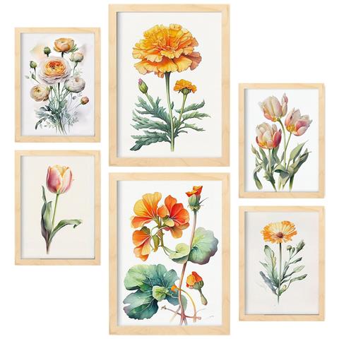 Set Di 6 Stampe Fiori Arancioni Stampe Naturalistiche E Botaniche A Colori Con Motivi Floreali Su Sfondi Bianchi Puri A3 & A4 Telaio In Legno Chiaro - Foto 1