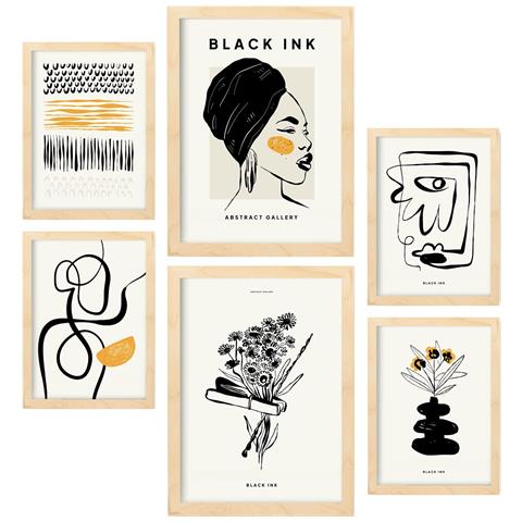 Set Di 6 Stampe Artistiche E Astratte Con Inchiostro Nero Per L'interior Design A3 & A4 Telaio In Legno Chiaro - Foto 1