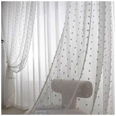 Set Di 2 Tende Trasparenti Con Pompon A Pois - Pannelli Per Finestre In Voile Con Anelli Grey S - Foto 2