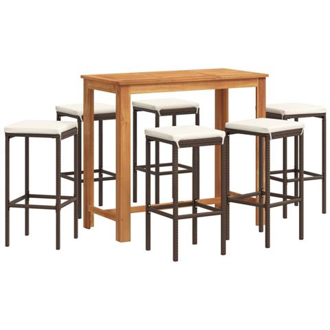 Set Bar Giardino 7pz Marrone Legno Massello Acacia E Polyrattan - Foto 1