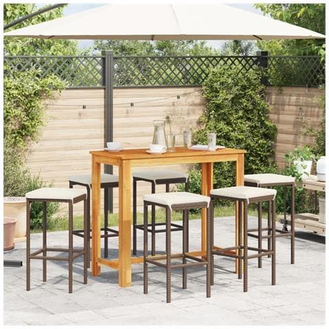 Set Bar Giardino 7pz Marrone Legno Massello Acacia E Polyrattan - Foto 2