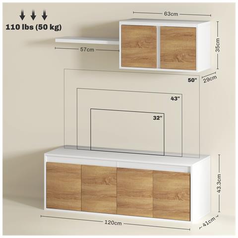Set Mobile TV e Armadietto a Muro con 7 Ripiani e Scaffale Aperto, in Legno, 120x41x43.3 cm, Bianco e color Legno - Foto 2