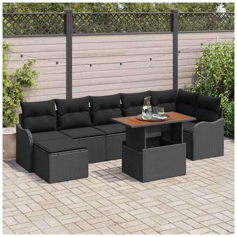 Set di divani da giardino a 8 pezzi con cuscini in polirattan nero e acacia, Divano da giardino a 2 posti con cuscini in polirattan nero - Foto 2