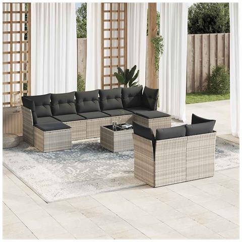 Set Divano Giardino 10 pz con Cuscini Grigio Chiaro Polyrattan - Foto 2