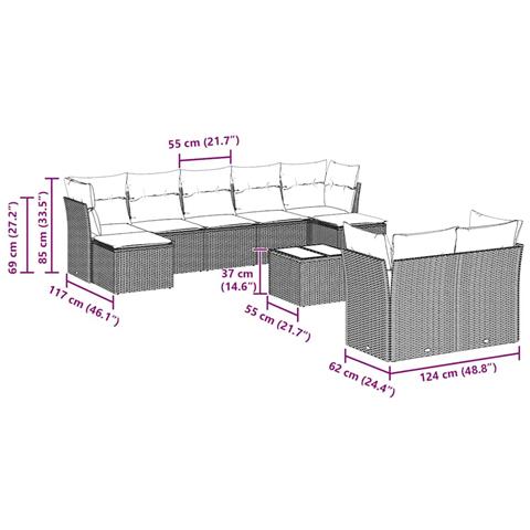 Set Divano Giardino 10 pz con Cuscini Grigio Chiaro Polyrattan - Foto 3