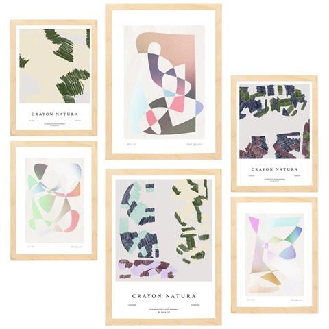 Set Di 6 Stampe Dipinto Decorativo, Arte Figurativa Astratta In Toni Pastello, Incorniciato Con Illustrazioni A3 & A4 Telaio In Legno Chiaro - Foto 1