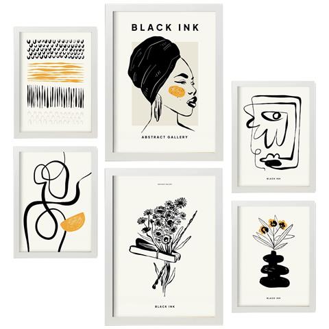 Set Di 6 Stampe Artistiche E Astratte Con Inchiostro Nero Per L'interior Design A3 & A4 Cornice Bianca - Foto 1