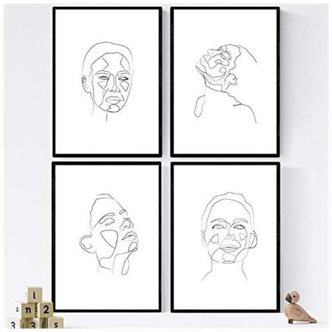 Set Di 4 Stampe Lamini Di Disegni E Schizzi A Una Linea Volti Da Donna 3 Poster Nordico Dei Volti Nudi Corpi Al Naturale Tavolo Cornice Nera A4 - Foto 1