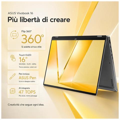 Vivobook 16 Flip Oled Tp3607sa-si106w Intel Core Ultra 7 258v Intel Ai Boost Npu 32gb Intel Arc Graphics Ssd 1tb 16” Wuxga 16:10 60hz Touch Screen Win11 Home Tastiera Retroilluminata + Stylus Pen - Foto 2