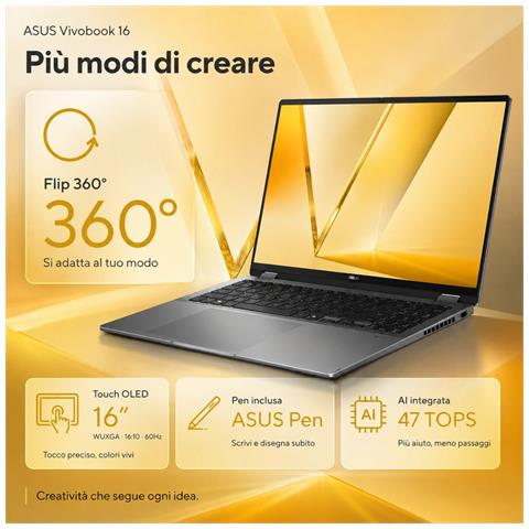 Vivobook 16 Flip Oled Tp3607sa-si106w Intel Core Ultra 7 258v Intel Ai Boost Npu 32gb Intel Arc Graphics Ssd 1tb 16” Wuxga 16:10 60hz Touch Screen Win11 Home Tastiera Retroilluminata + Stylus Pen - Foto 5
