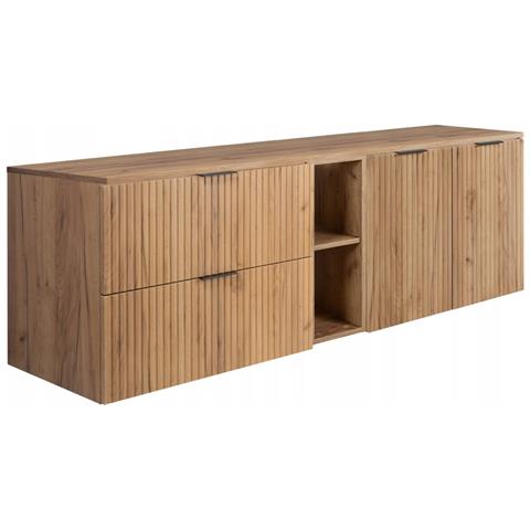 Mobile sottolavabo 160 cm, Beige scanalato, Piano e ripiano in rovere, FLOW - Foto 2