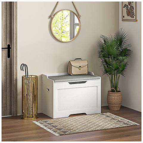 Panca Contenitore da 103L Multifunzione in Legno con Cuscino in Tessuto, 75x40x56cm, Bianco - Foto 2