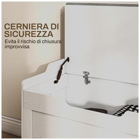 Panca Contenitore da 103L Multifunzione in Legno con Cuscino in Tessuto, 75x40x56cm, Bianco - Foto 6