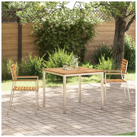 Set da Pranzo da Giardino 3 Pezzi in Legno Massello di Acacia,  Tavolo da Pranzo Esterno 90x90x74.5 cm in Legno Massello di Acacia,  Sedie da Giardino Impilabili 2 pezzi in Legno Massello di Acacia e Acciaio - Foto 2