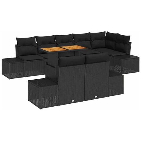 Set da Pranzo Giardino 9 Pezzi Cuscini Nero Polyrattan Acacia - Foto 1