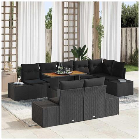 Set da Pranzo Giardino 9 Pezzi Cuscini Nero Polyrattan Acacia - Foto 2