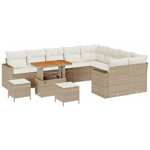 Set di Divano da Giardino  di 12 Pezzi con Cuscini in Rattan Polietilene Beige, Set da Pranzo da Giardino  di 3 Pezzi con Cuscini in Rattan Polietilene Beige - Foto 1
