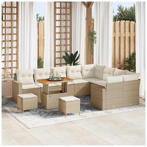 Set di Divano da Giardino  di 12 Pezzi con Cuscini in Rattan Polietilene Beige, Set da Pranzo da Giardino  di 3 Pezzi con Cuscini in Rattan Polietilene Beige - Foto 2