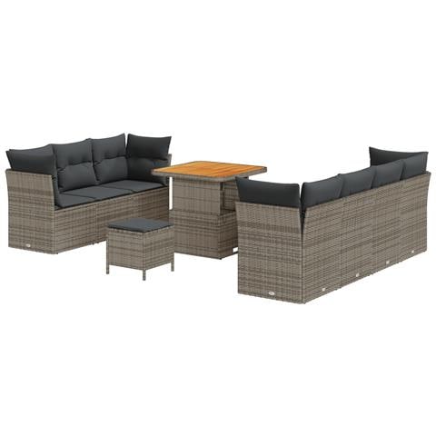 Set divani giardino 10 pezzi con cuscini grigi in polirattan e acacia,  Set pranzo giardino 3 pezzi con cuscini grigi in polirattan e acacia - Foto 1