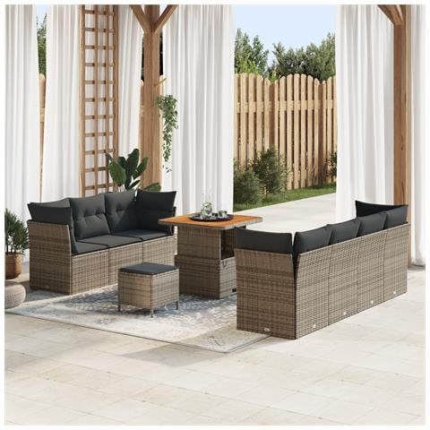 Set divani giardino 10 pezzi con cuscini grigi in polirattan e acacia,  Set pranzo giardino 3 pezzi con cuscini grigi in polirattan e acacia - Foto 2