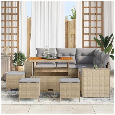 Set Divano Giardino 9 Pezzi con Cuscini Beige Rattan Acacia, Set da Pranzo Giardino 4 Pezzi con Cuscini Beige Rattan Acacia - Foto 2