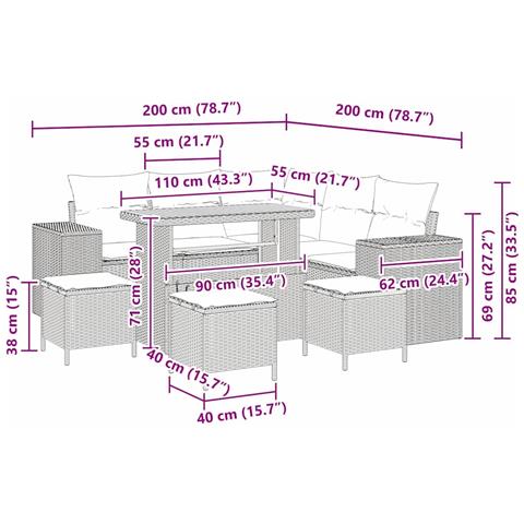 Set Divano Giardino 9 Pezzi con Cuscini Beige Rattan Acacia, Set da Pranzo Giardino 4 Pezzi con Cuscini Beige Rattan Acacia - Foto 9