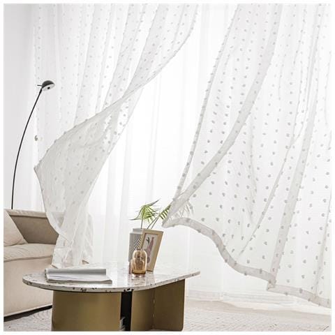 Set Di 2 Tende Trasparenti Con Pompon A Pois - Pannelli Per Finestre In Voile Con Anelli White S - Foto 2