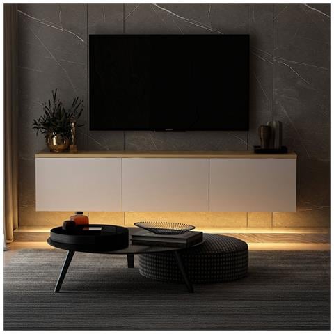 Lumi Porta Tv Led Sospeso Con Armadi Bianchi E Piano In Legno 160cm - Foto 2
