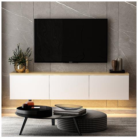 Lumi Porta Tv Led Sospeso Con Armadi Bianchi E Piano In Legno 160cm - Foto 1