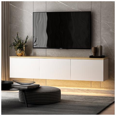 Lumi Porta Tv Led Sospeso Con Armadi Bianchi E Piano In Legno 160cm - Foto 5