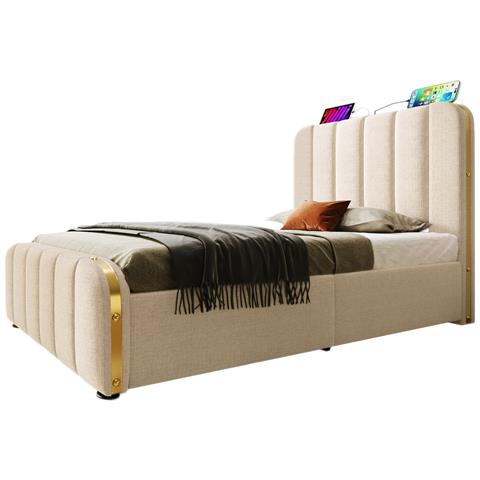 Letto Singolo In Lino Beige Con Strisce Dorate E Ricarica Usb - Foto 1