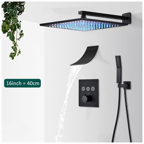 Set miscelatore doccia, Blackswan, tipo M155, modello nero opaco, 3 vie, illuminazione LED, termostato e bocca a cascata, misura 40 cm - Foto 2