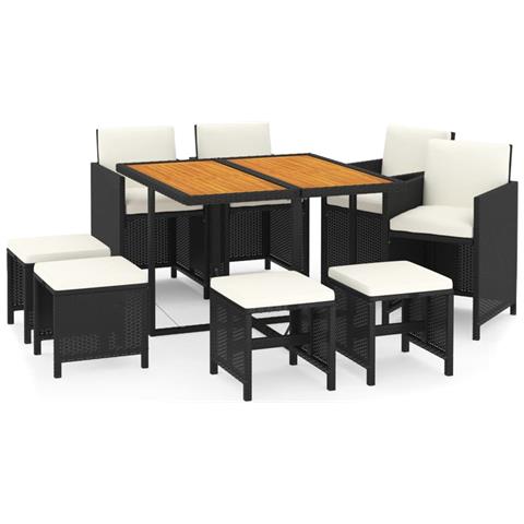 Set Da Pranzo Per Giardino 9pz Con Cuscini In Polyrattan Nero - Foto 1