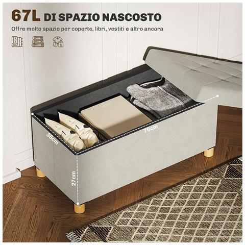 Panca Contenitore Pieghevole da 67L, Coperchio Imbottito e Rivestimento Vellutato, 76x38x38cm, Crema - Foto 6