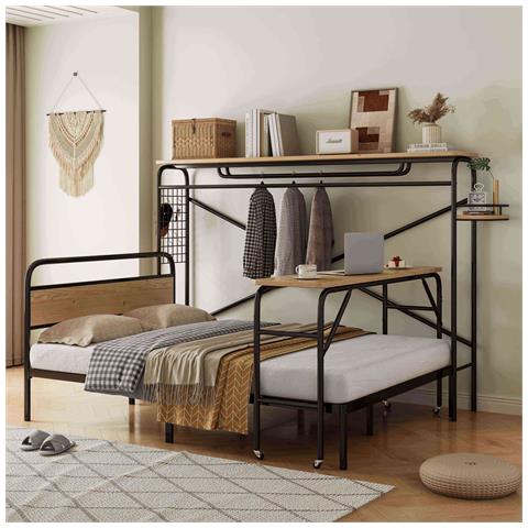 Letto In Metallo, 140x200cm, Con Tavolo E Appendiabiti Verticale, Metallo+mdf, Nero+naturale, Senza Materasso - Foto 1