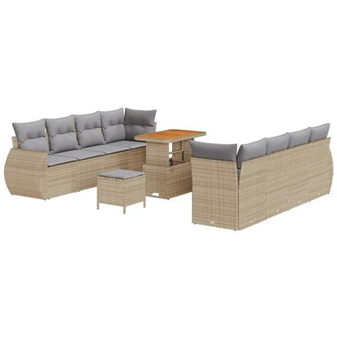 Set di Divano da Giardino  in 11 Pezzi con Cuscini Beige Polyrattan Acacia, Set di Pranzo da Giardino  in 3 Pezzi con Cuscini Beige Polyrattan Acacia - Foto 1