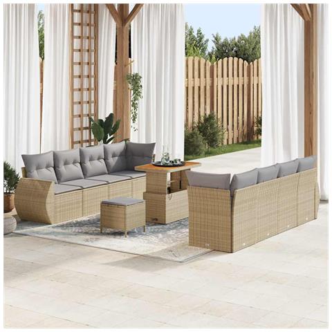 Set di Divano da Giardino  in 11 Pezzi con Cuscini Beige Polyrattan Acacia, Set di Pranzo da Giardino  in 3 Pezzi con Cuscini Beige Polyrattan Acacia - Foto 2