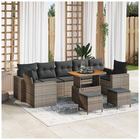 Set divani giardino 10 pezzi con cuscini grigi in rattan polimerico,  Set pranzo giardino 3 pezzi con cuscini grigi in rattan polimerico - Foto 2