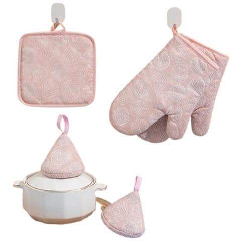 Set Da Cucina Anti-scottatura 5 Pezzi: Guanti, Presine E Copri-manico In Cotone Pink - Foto 1