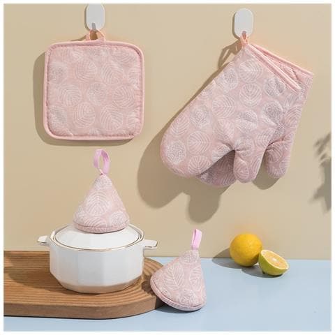 Set Da Cucina Anti-scottatura 5 Pezzi: Guanti, Presine E Copri-manico In Cotone Pink - Foto 2