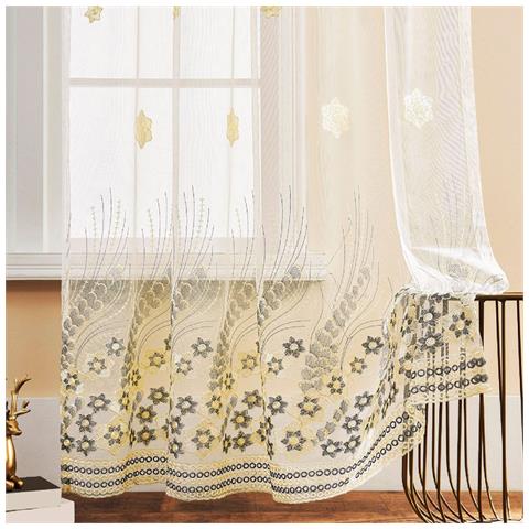 Tenda Velo Ricamata Grigia Con Motivi Floreali - Pannello Voile Con Passante Per Bastone Per Soggiorno, Camera Da Letto L - Foto 2
