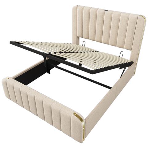 Letto In Lino Beige Con Decorazioni Dorate, Usb E Stoccaggio - Foto 2